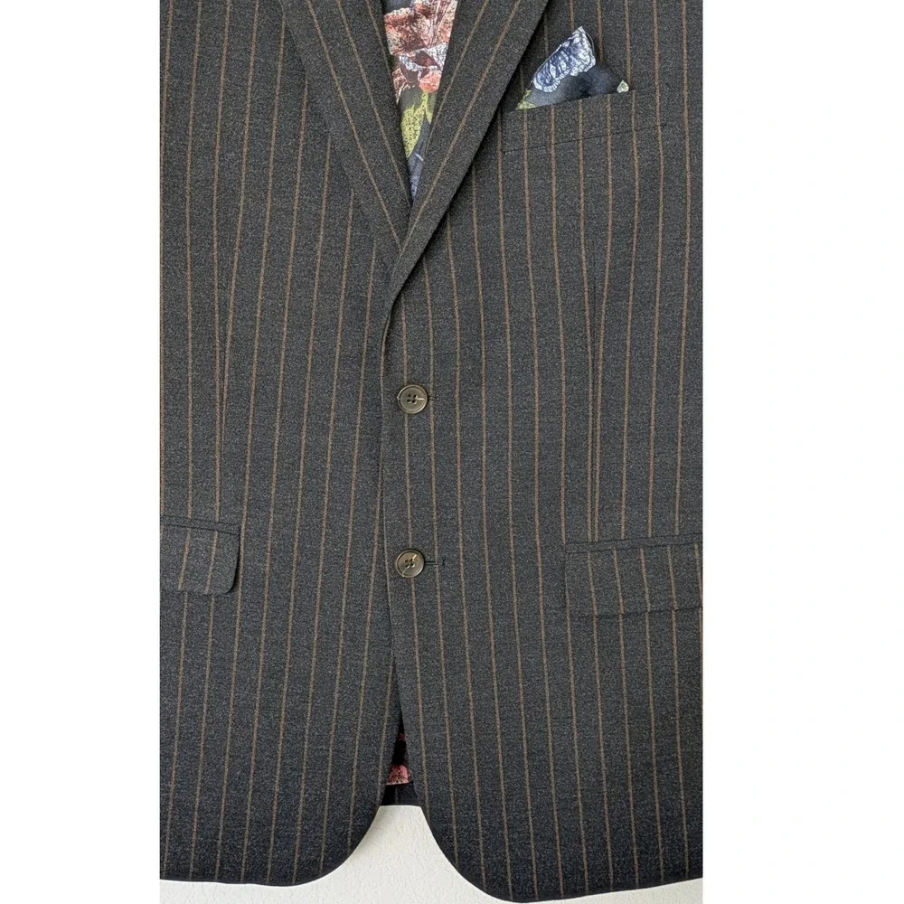 Soul of London Pinstripe Blazer Mens 44R Charcoal Grey Floral‎ Lining Two Button